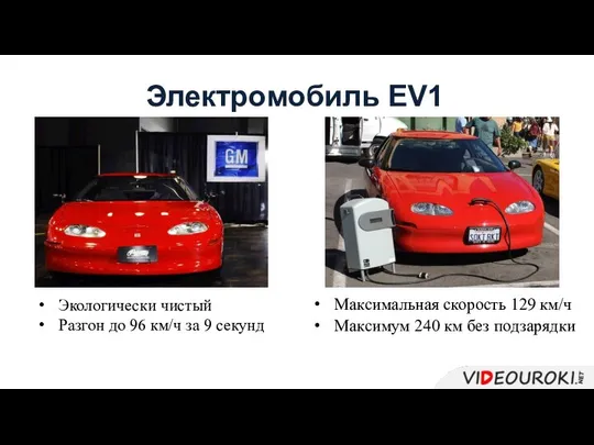 Максимальная скорость 129 км/ч Максимум 240 км без подзарядки Электромобиль EV1