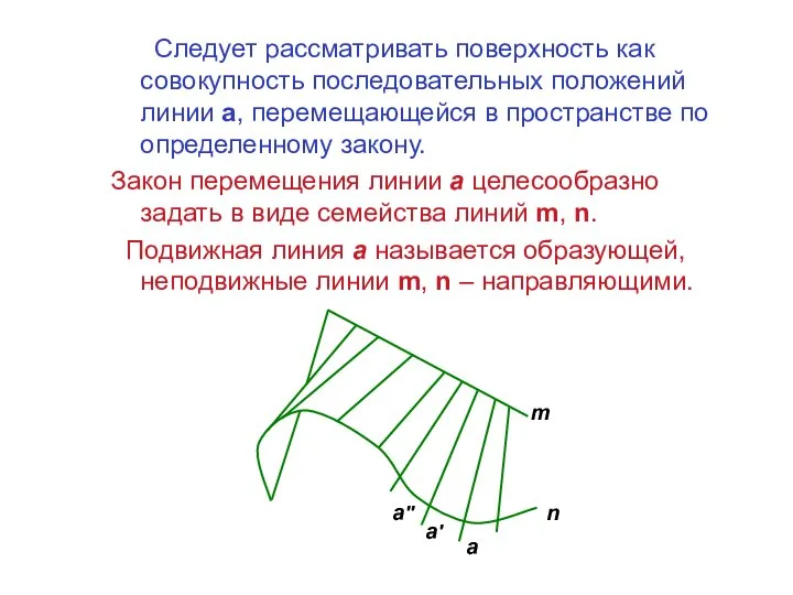 Следует рассматривать поверхность как совокупность последовательных положений линии a, перемещающейся в