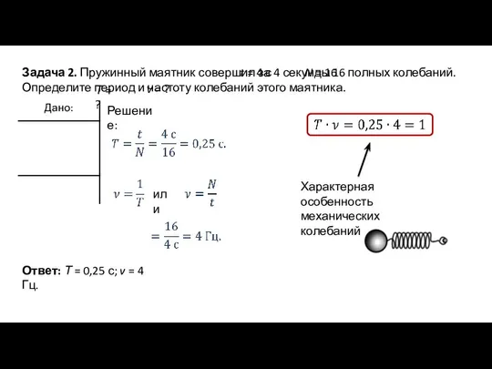 Задача 2. Пружинный маятник совершил за 4 секунды 16 полных колебаний.