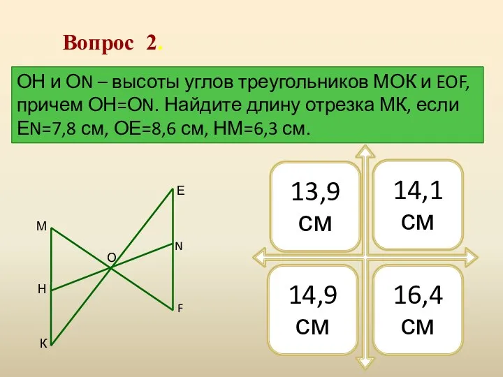 Вопрос 2. ОН и ОN – высоты углов треугольников МОК и