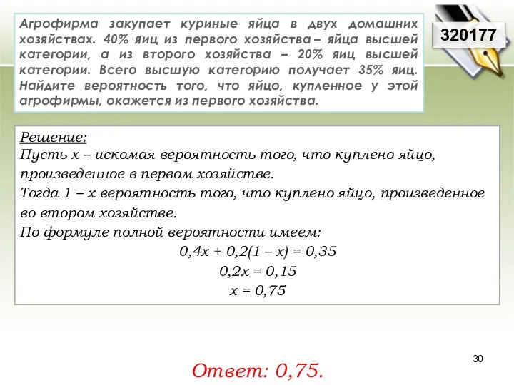 Решение: Пусть х – искомая вероятность того, что куплено яйцо, произведенное