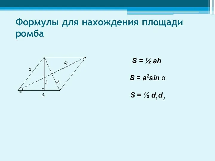 Формулы для нахождения площади ромба S = ½ ah S =