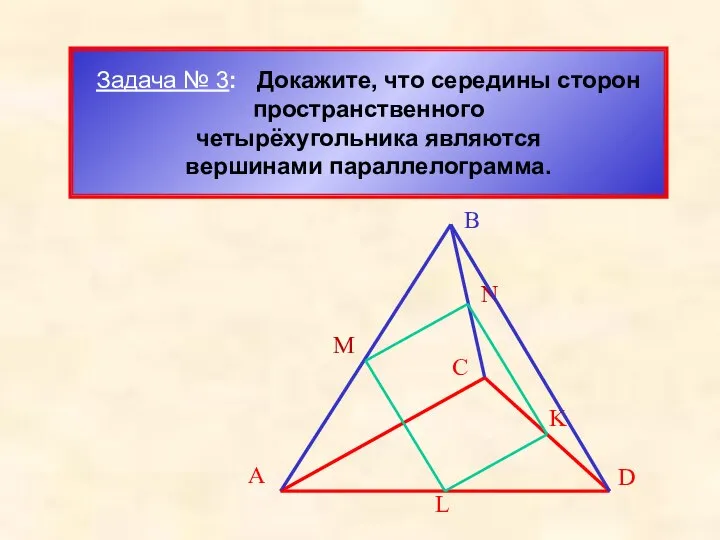 Задача № 3: Докажите, что середины сторон пространственного четырёхугольника являются вершинами