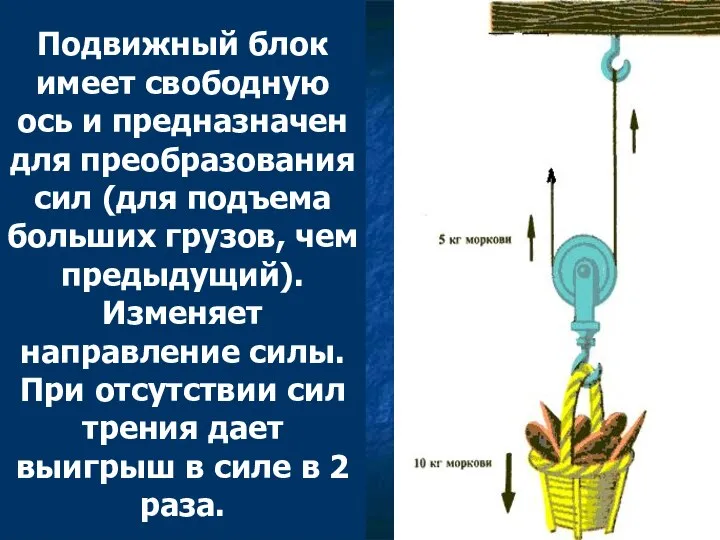 Подвижный блок имеет свободную ось и предназначен для преобразования сил (для