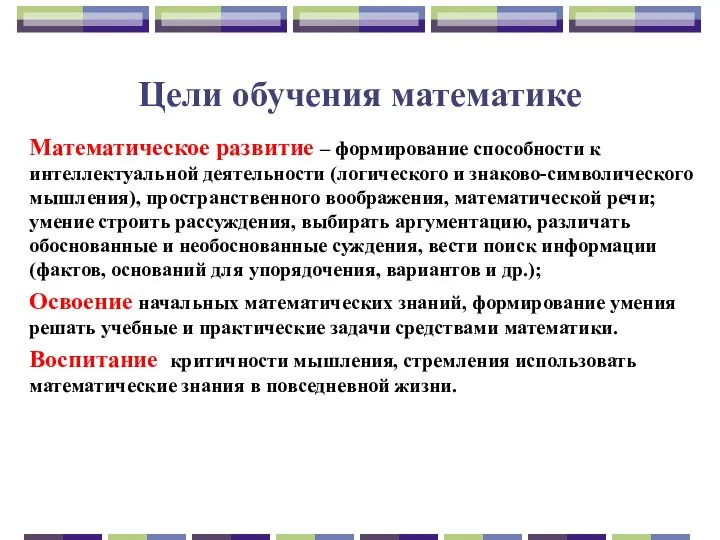 Цели обучения математике Математическое развитие – формирование способности к интеллектуальной деятельности