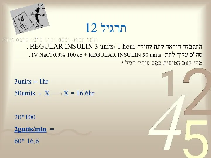 תרגיל 12 התקבלה הוראה לתת לחולה REGULAR INSULIN 3 units/ 1