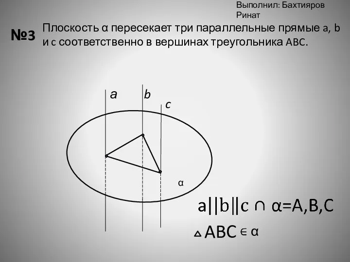 Выполнил: Бахтияров Ринат №3 Плоскость α пересекает три параллельные прямые a,