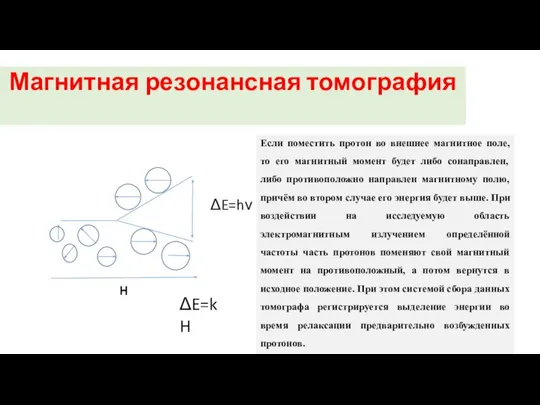 Магнитная резонансная томография H ΔE=hν ΔE=kH Если поместить протон во внешнее