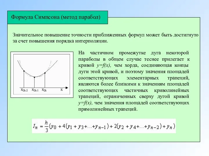 Формула Симпсона (метод парабол) Значительное повышение точности приближенных формул может быть