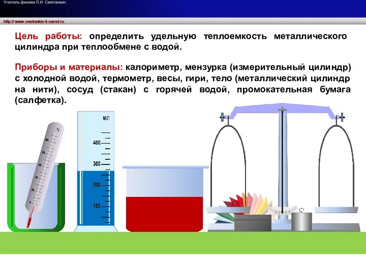 Цель работы: определить удельную теплоемкость металлического цилиндра при теплообмене с водой.