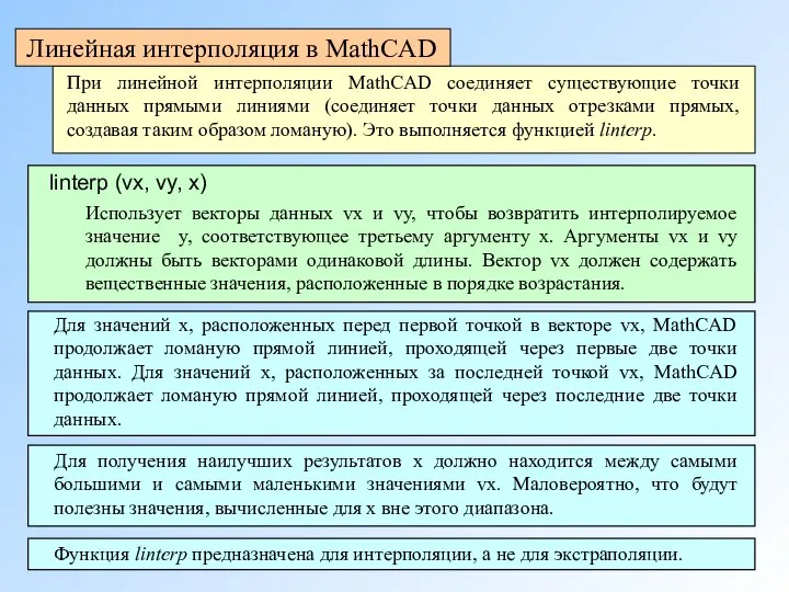 Линейная интерполяция в MathCAD При линейной интерполяции MathCAD соединяет существующие точки