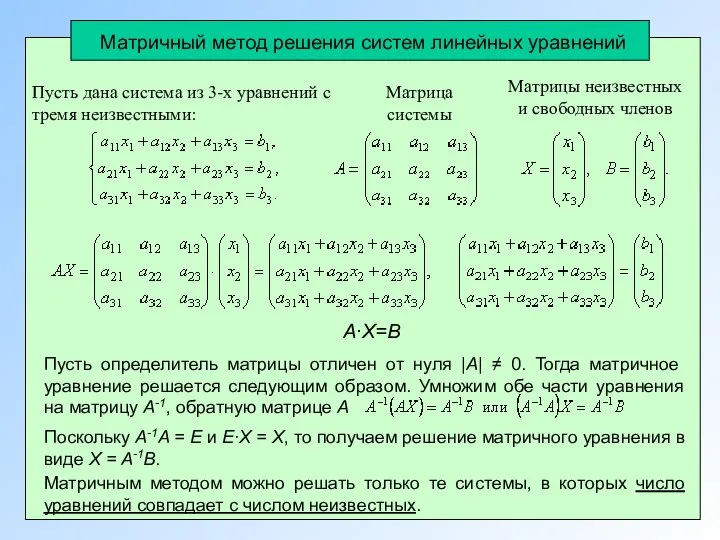 Матричный метод решения систем линейных уравнений Пусть дана система из 3-х