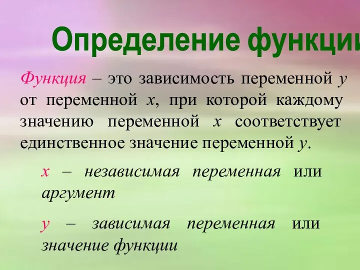 Определение функции Функция – это зависимость переменной у от переменной х,