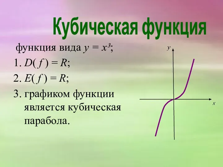 функция вида y = x³; 1. D( f ) = R;