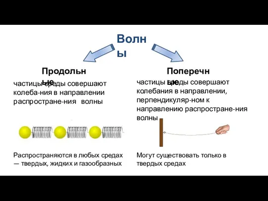 Продольные Поперечные частицы среды совершают колеба­ния в направлении, перпендикуляр-ном к направлению