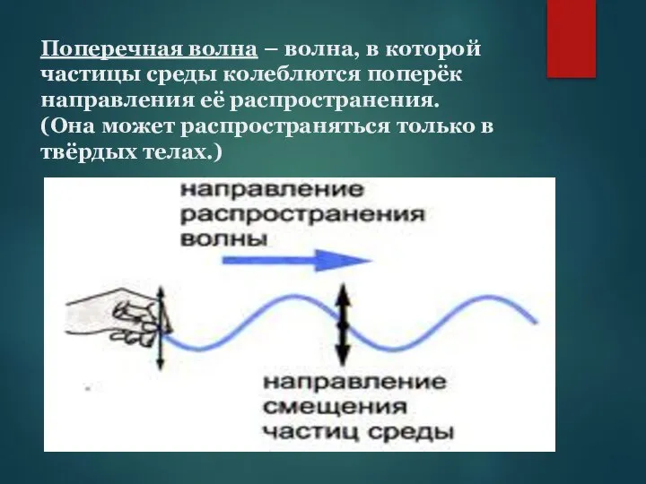 Поперечная волна – волна, в которой частицы среды колеблются поперёк направления