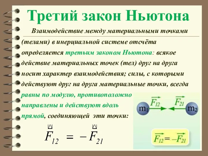 Третий закон Ньютона Взаимодействие между материальными точками (телами) в инерциальной системе