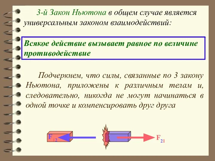 Всякое действие вызывает равное по величине противодействие 3-й Закон Ньютона в