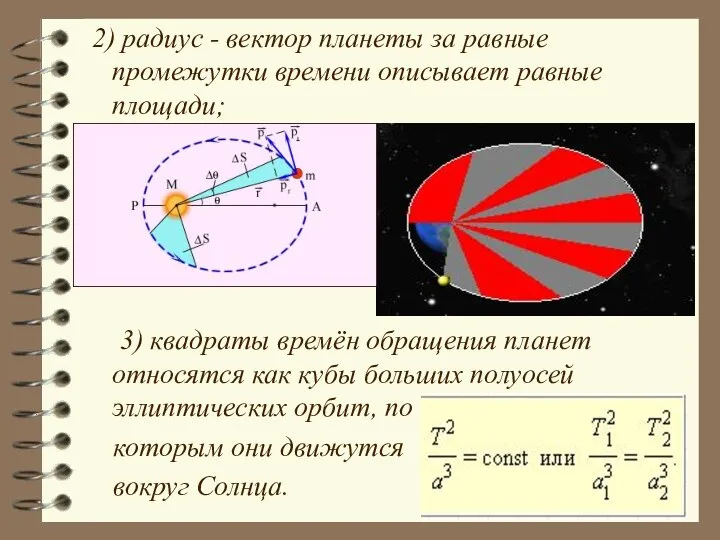 2) радиус - вектор планеты за равные промежутки времени описывает равные