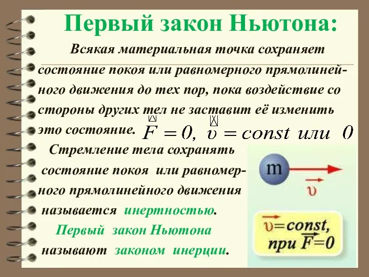 Первый закон Ньютона: Всякая материальная точка сохраняет состояние покоя или равномерного