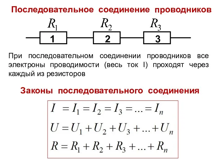 Последовательное соединение проводников При последовательном соединении проводников все электроны проводимости (весь