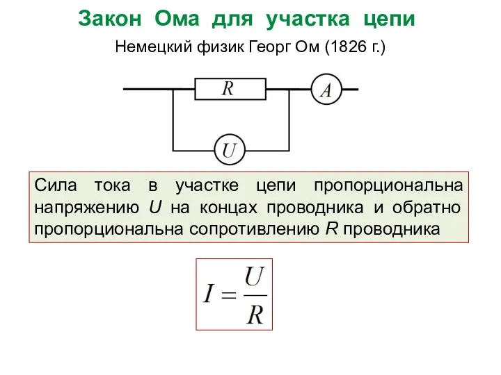 Закон Ома для участка цепи Немецкий физик Георг Ом (1826 г.)