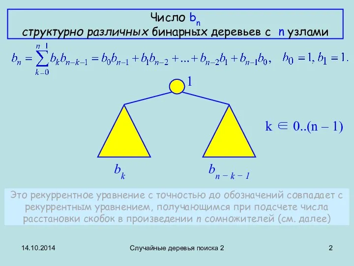 14.10.2014 Случайные деревья поиска 2 Число bn структурно различных бинарных деревьев