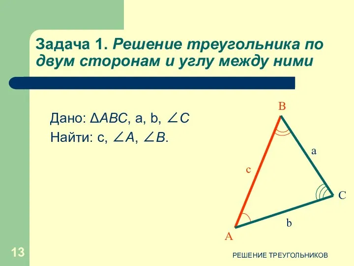РЕШЕНИЕ ТРЕУГОЛЬНИКОВ Задача 1. Решение треугольника по двум сторонам и углу