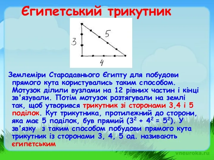 Єгипетський трикутник Землеміри Стародавнього Єгипту для побудови прямого кута користувались таким