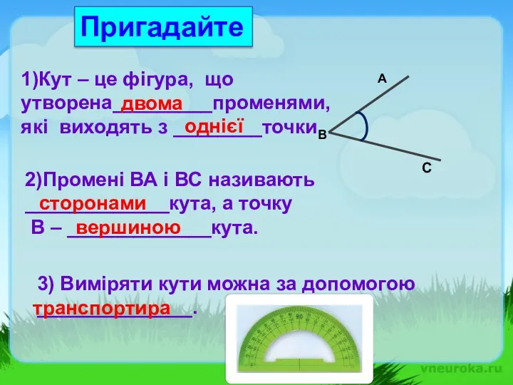 1)Кут – це фігура, що утворена_________променями, які виходять з ________точки. двома