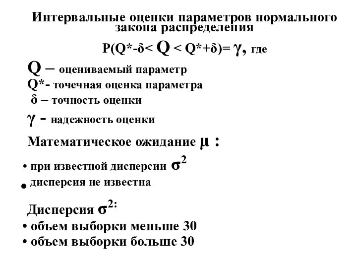 Интервальные оценки параметров нормального закона распределения Р(Q*-δ Q – оцениваемый параметр