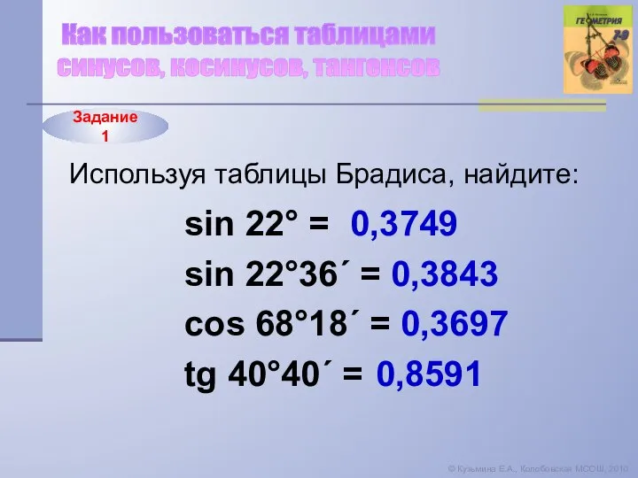 © Кузьмина Е.А., Колобовская МСОШ, 2010 Как пользоваться таблицами синусов, косинусов,