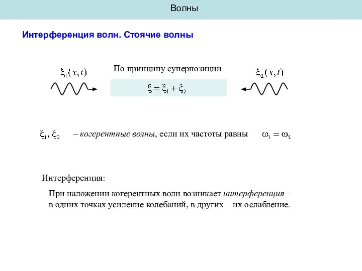 Волны Интерференция волн. Стоячие волны По принципу суперпозиции – когерентные волны,