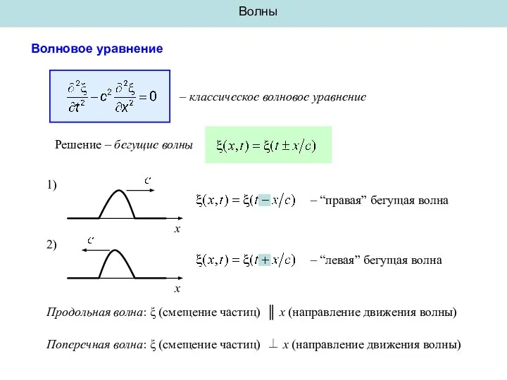 Волны Волновое уравнение – классическое волновое уравнение Решение – бегущие волны