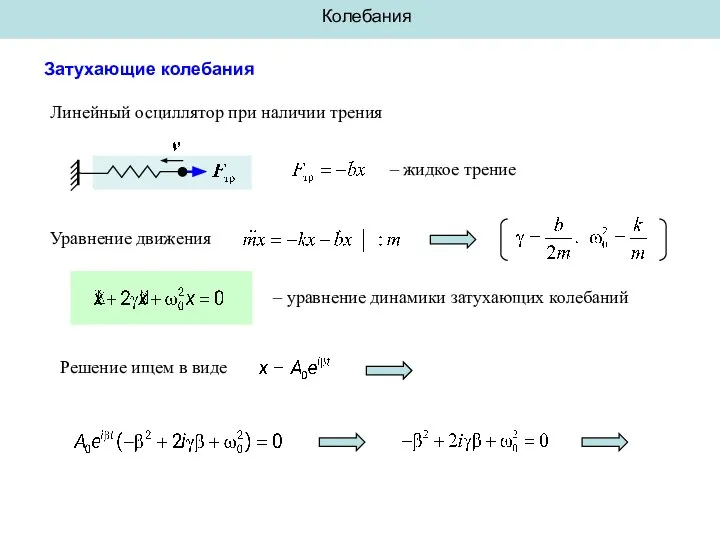 Колебания Затухающие колебания Линейный осциллятор при наличии трения – жидкое трение