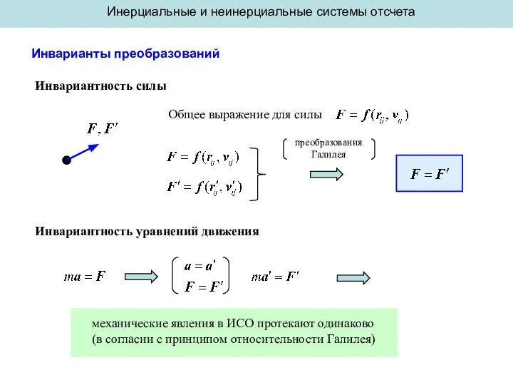 Инерциальные и неинерциальные системы отсчета Инварианты преобразований Инвариантность силы Общее выражение