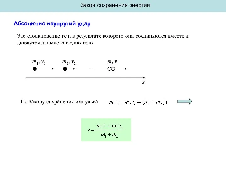 Закон сохранения энергии Абсолютно неупругий удар Это столкновение тел, в результате