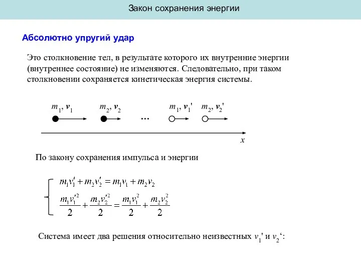 Закон сохранения энергии Абсолютно упругий удар Это столкновение тел, в результате
