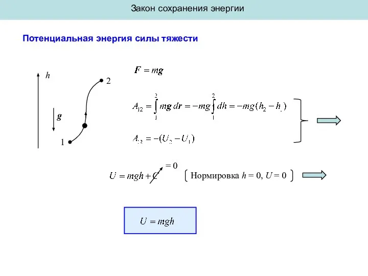 Закон сохранения энергии Потенциальная энергия силы тяжести 1 2 h g