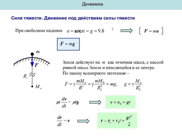 Динамика Сила тяжести. Движение под действием силы тяжести При свободном падении