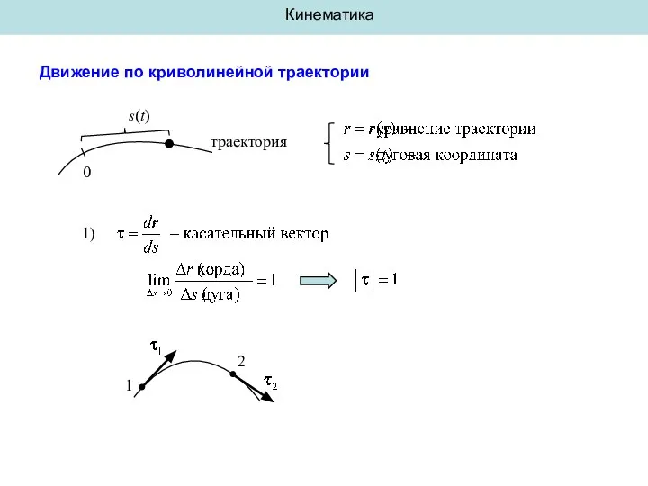 Кинематика Движение по криволинейной траектории 0 s(t) траектория 1) 1 2