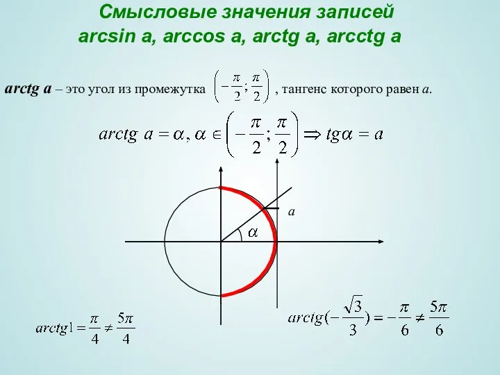 Смысловые значения записей arcsin a, arccos a, arctg a, arcctg a