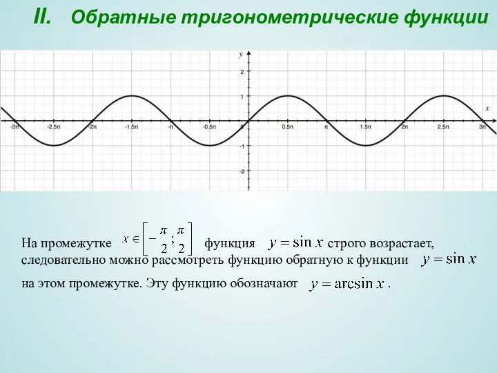 II. Обратные тригонометрические функции На промежутке функция строго возрастает, следовательно можно