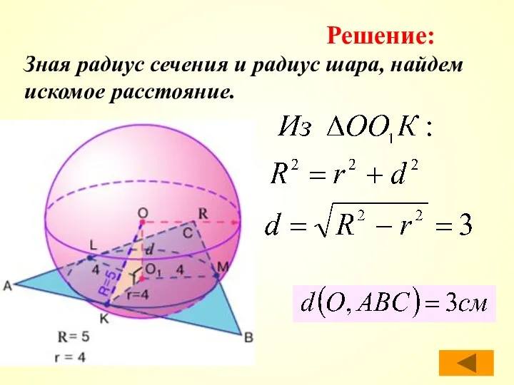 Зная радиус сечения и радиус шара, найдем искомое расстояние. Решение: