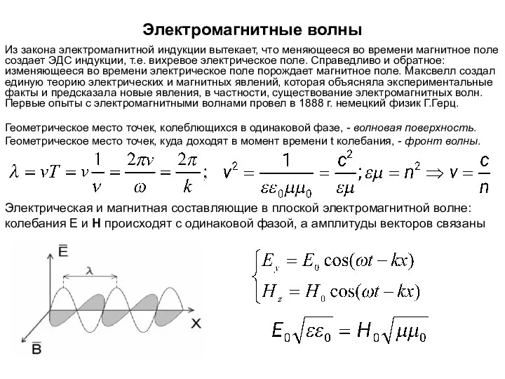 Электромагнитные волны Из закона электромагнитной индукции вытекает, что меняющееся во времени