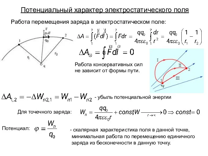 Работа перемещения заряда в электростатическом поле: Потенциальный характер электростатического поля Работа