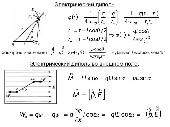 Электрический диполь Электрический момент: - убывает быстрее, чем 1/r Электрический диполь во внешнем поле: