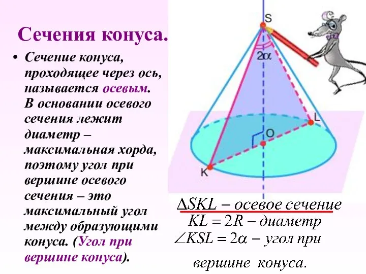 Сечение конуса, проходящее через ось, называется осевым. В основании осевого сечения