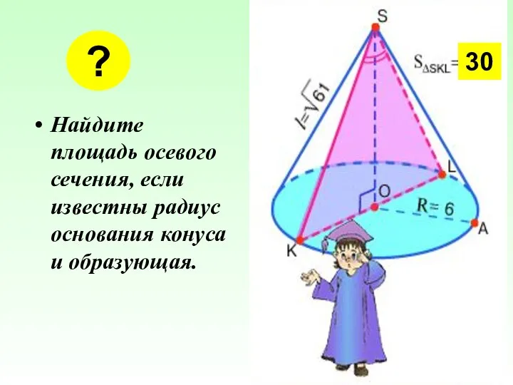 Найдите площадь осевого сечения, если известны радиус основания конуса и образующая. ? 30