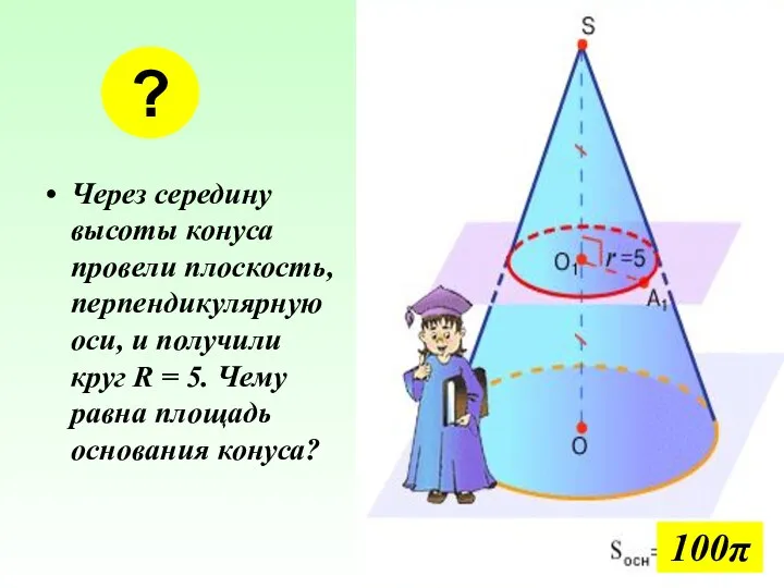 Через середину высоты конуса провели плоскость, перпендикулярную оси, и получили круг